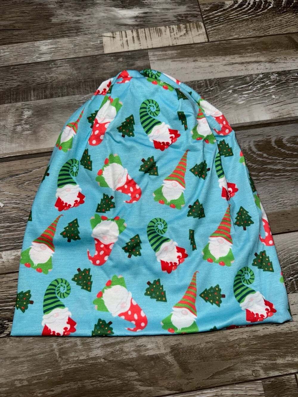Christmas Gnome Slouchy Beanie Hat Blue Holiday Trees